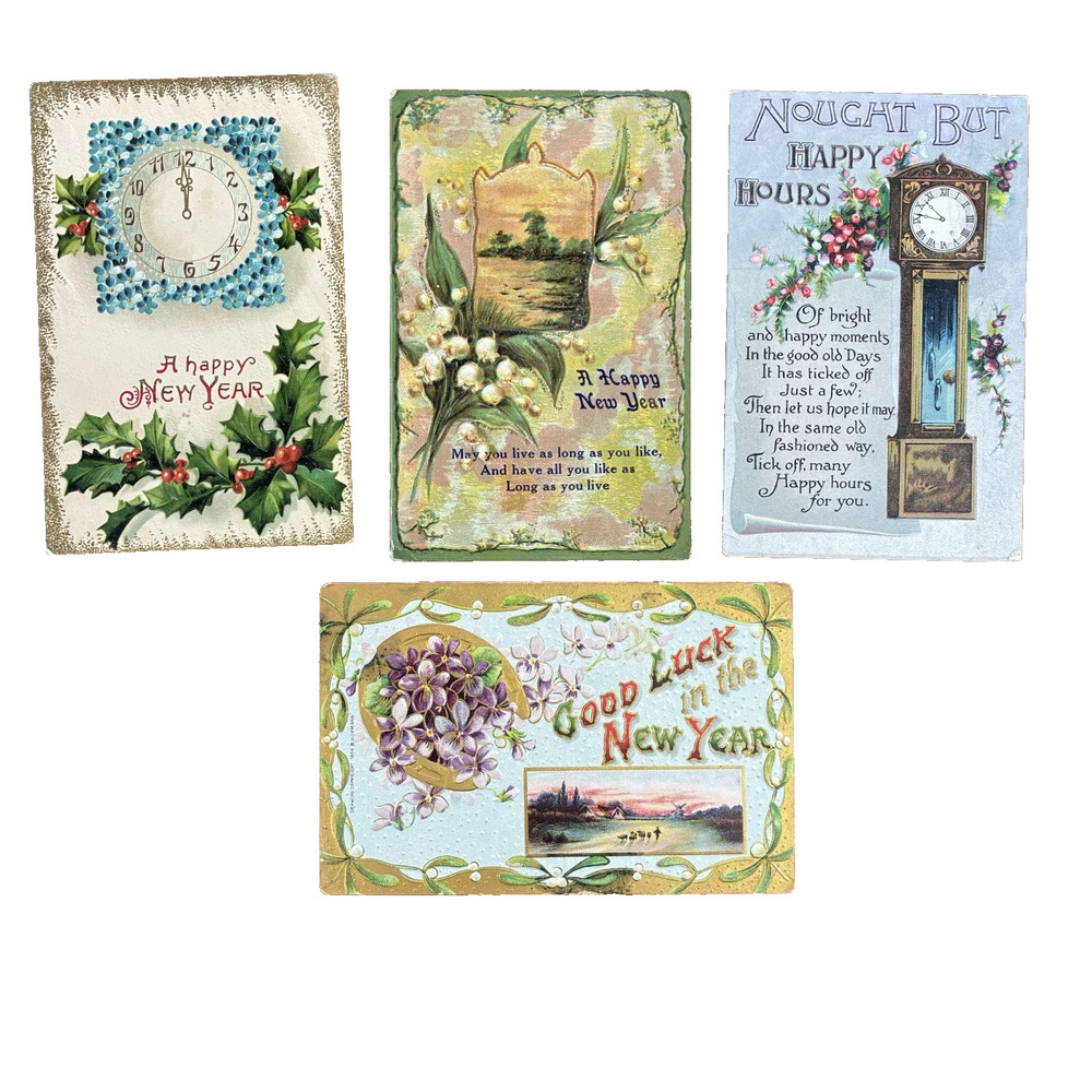 Antique Happy New Year Holiday Postcards Lot of 4 Early 1900s 1910 Gilt Embossed